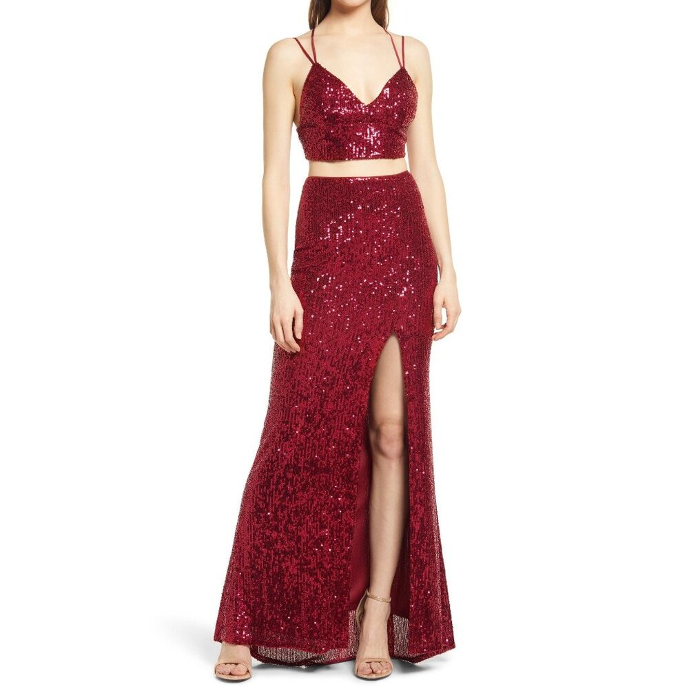 Jump Apparel Womens Size 1/2‎ Maroon Two-Piece Sequin Gown NWT